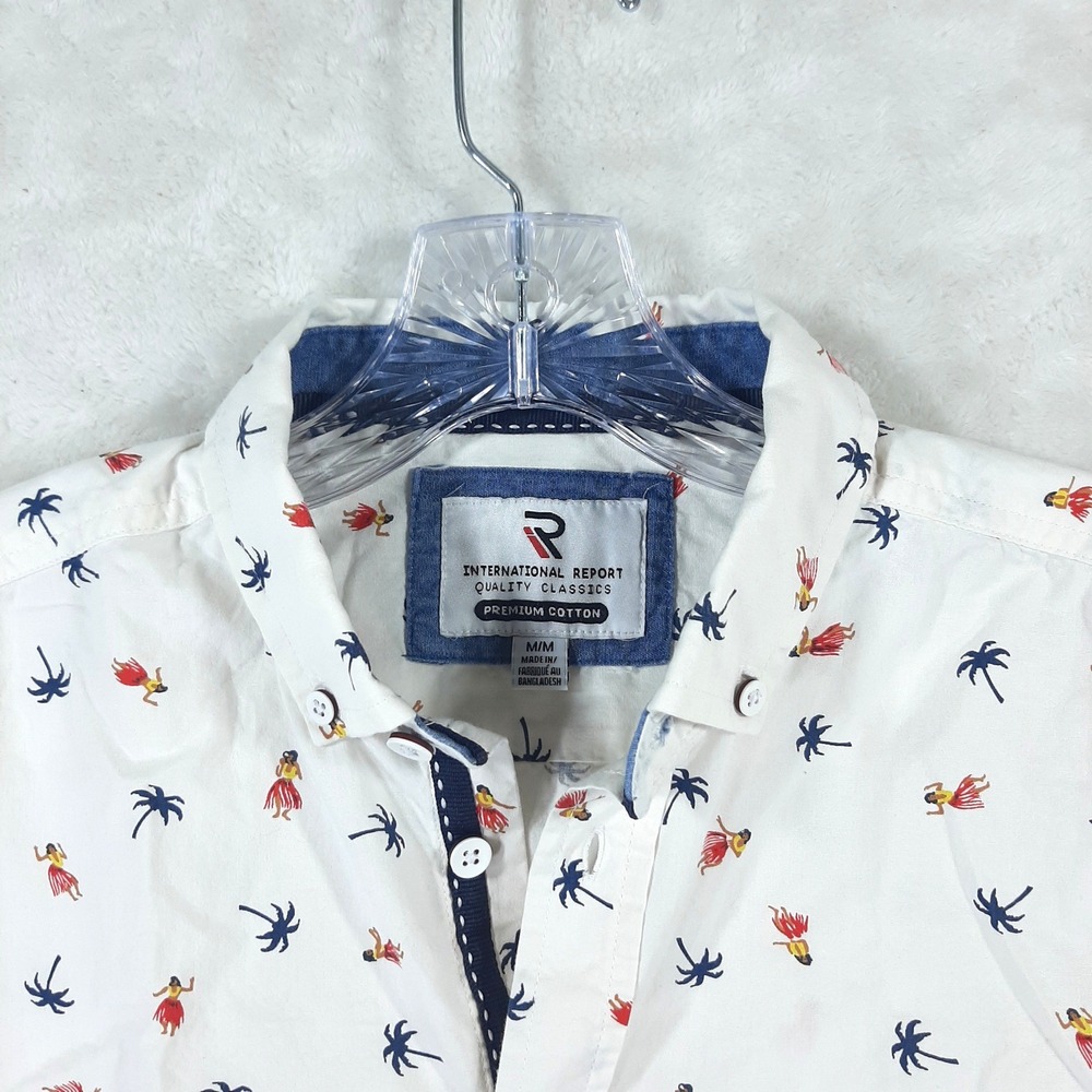 International Report Hawaiian Mens Hula Dancer Palm Tree Tropical Cotton Shirt M